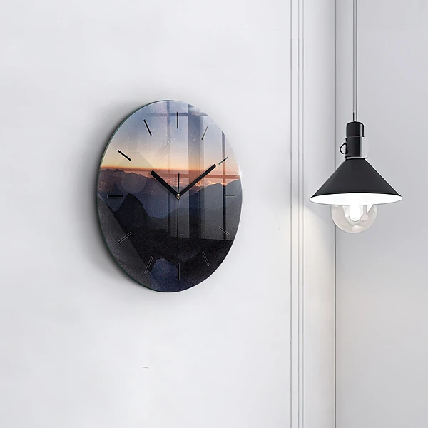 Wanduhr rund mit motiv Berge bei Sonnenuntergang