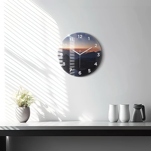 Wanduhr rund mit motiv Berge bei Sonnenuntergang