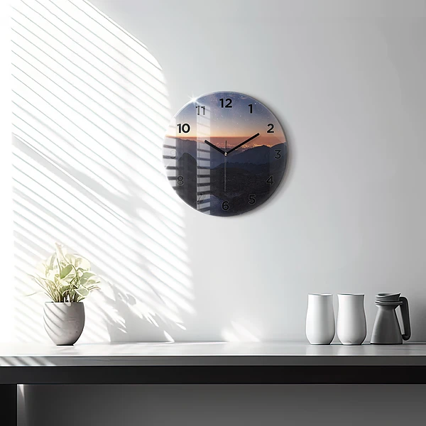 Wanduhr rund mit motiv Berge bei Sonnenuntergang