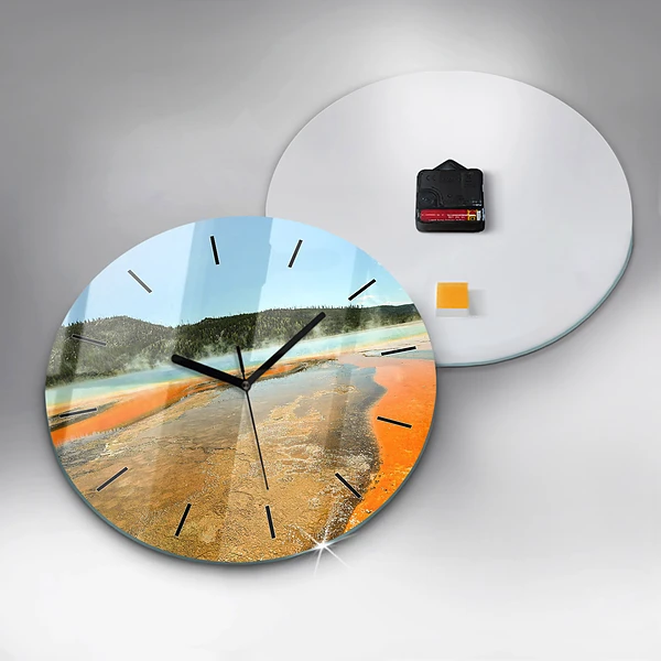 Wanduhr glas rund See mit Bergen