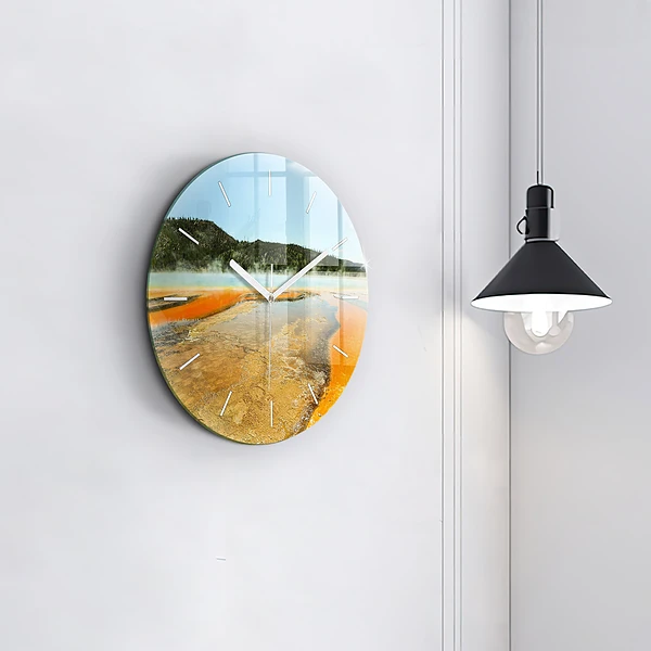 Wanduhr glas rund See mit Bergen