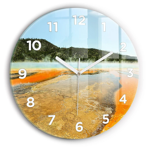 Wanduhr glas rund See mit Bergen