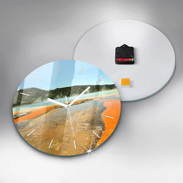 Wanduhr glas rund See mit Bergen