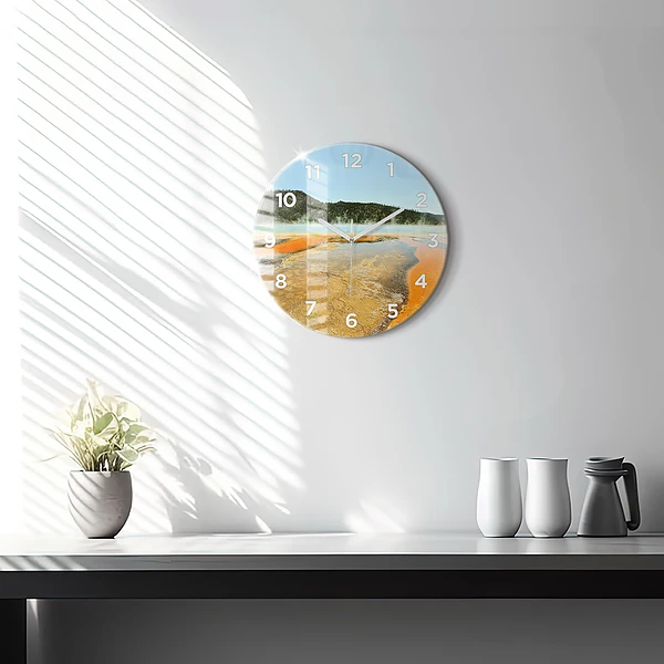 Wanduhr glas rund See mit Bergen