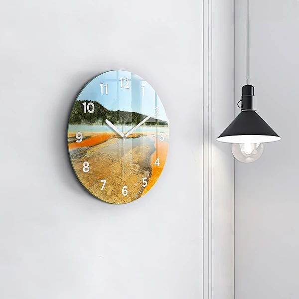 Wanduhr glas rund See mit Bergen
