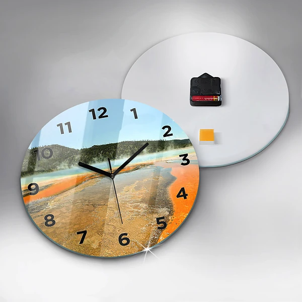 Wanduhr glas rund See mit Bergen