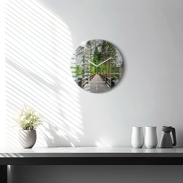 Wanduhr glas rund Yosemite Holzbrücke