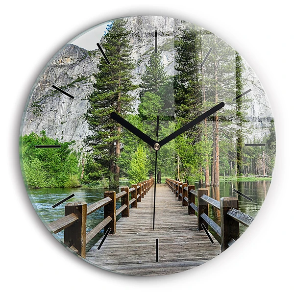 Wanduhr glas rund Yosemite Holzbrücke