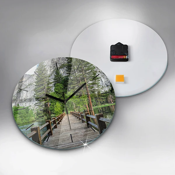 Wanduhr glas rund Yosemite Holzbrücke