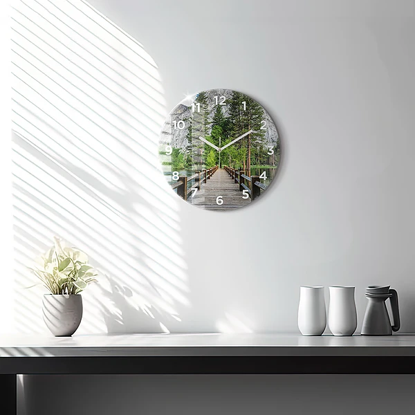 Wanduhr glas rund Yosemite Holzbrücke