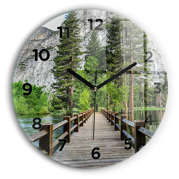 Wanduhr glas rund Yosemite Holzbrücke