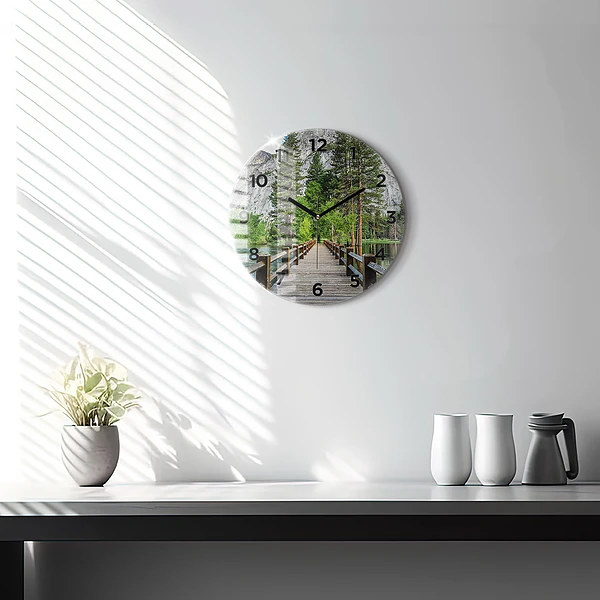 Wanduhr glas rund Yosemite Holzbrücke