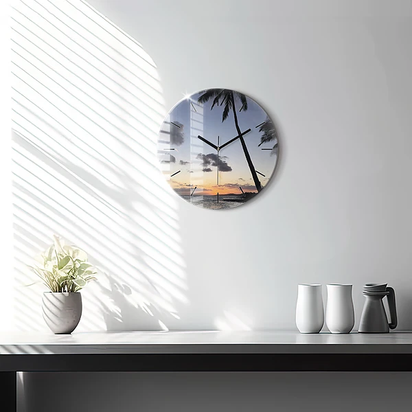 Wanduhr rund mit motiv Palme und Sonnenaufgang