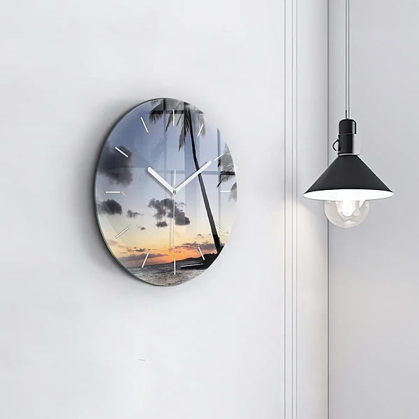 Wanduhr rund mit motiv Palme und Sonnenaufgang