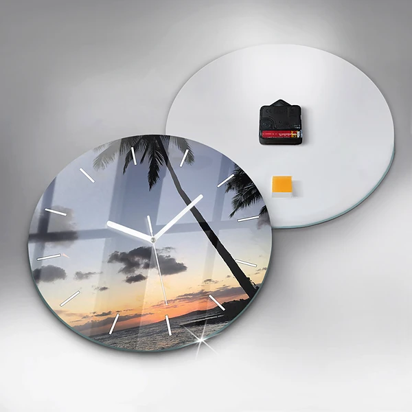 Wanduhr rund mit motiv Palme und Sonnenaufgang