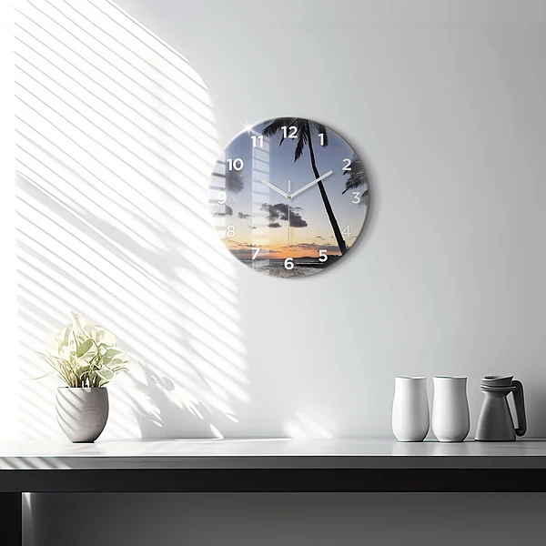 Wanduhr rund mit motiv Palme und Sonnenaufgang