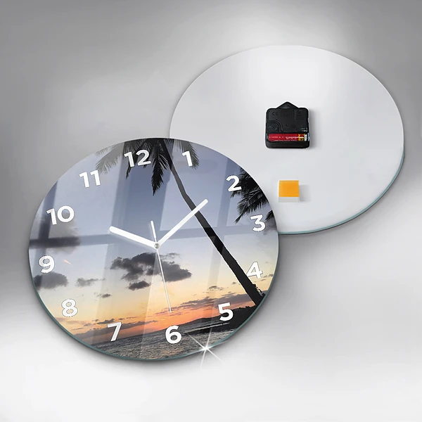 Wanduhr rund mit motiv Palme und Sonnenaufgang