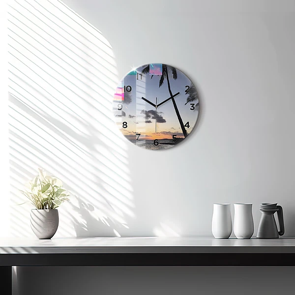 Wanduhr rund mit motiv Palme und Sonnenaufgang