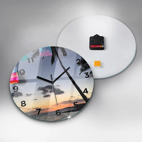 Wanduhr rund mit motiv Palme und Sonnenaufgang