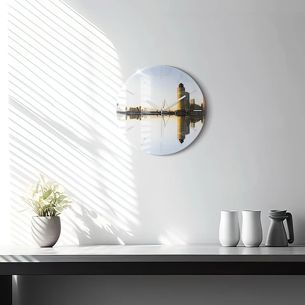 Wanduhr rund Stadt am Fluss