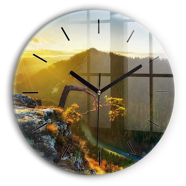 Wanduhr glas rund Sonnenuntergang über den Bergen