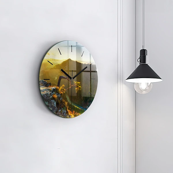 Wanduhr glas rund Sonnenuntergang über den Bergen