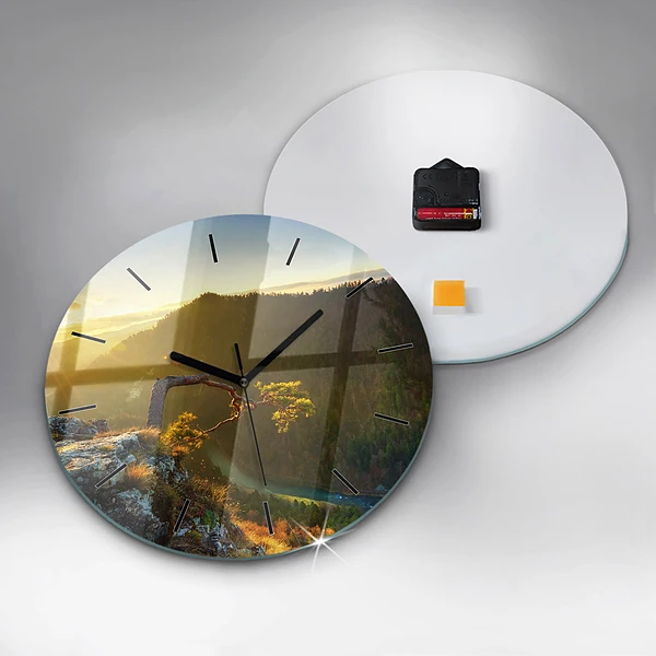 Wanduhr glas rund Sonnenuntergang über den Bergen