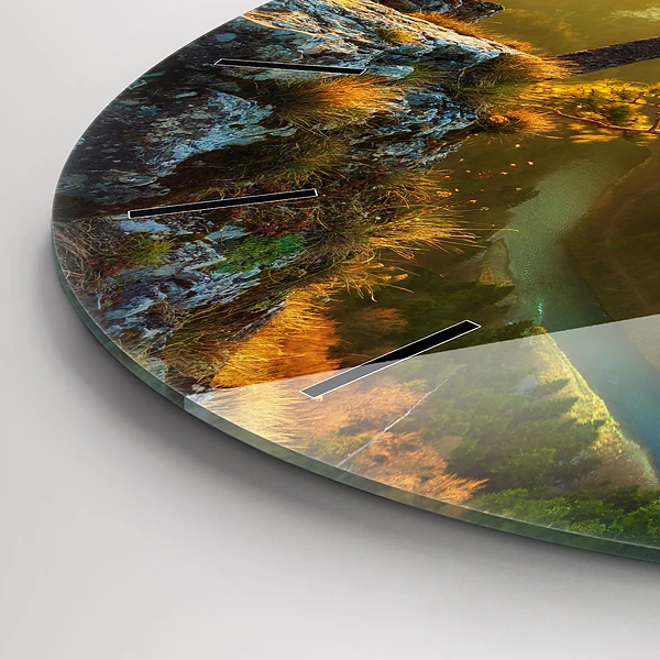 Wanduhr glas rund Sonnenuntergang über den Bergen