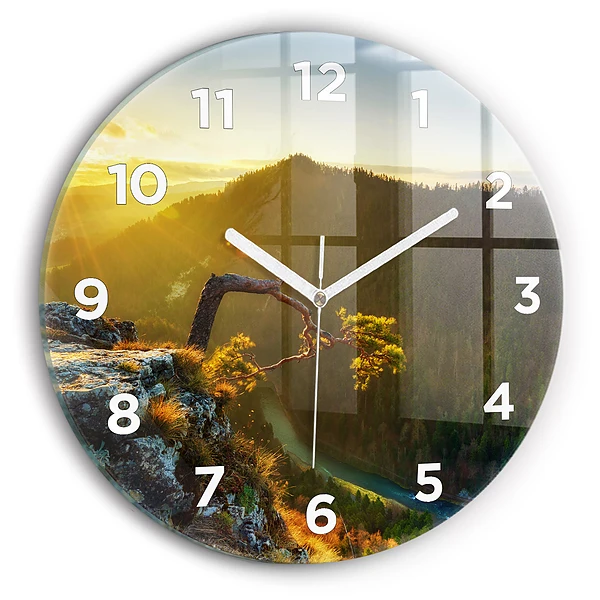 Wanduhr glas rund Sonnenuntergang über den Bergen