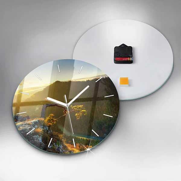 Wanduhr glas rund Sonnenuntergang über den Bergen