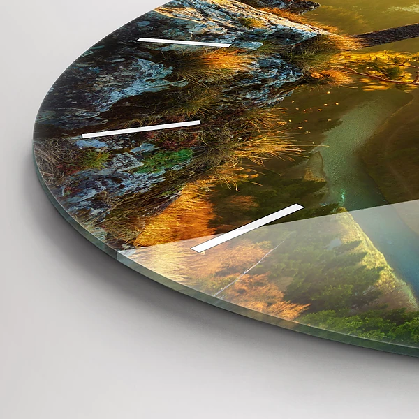 Wanduhr glas rund Sonnenuntergang über den Bergen