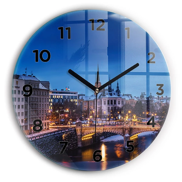 Wanduhr glas rund Panorama von Pilsen