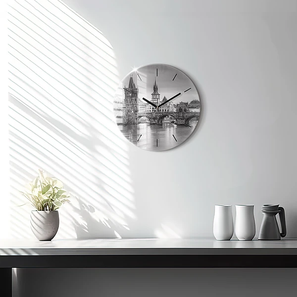 Wanduhr glas rund Ansicht der Karlsbrücke Prag