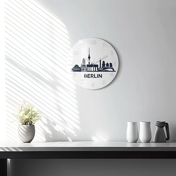 Wanduhr glas rund Illustration der Stadt Berlin