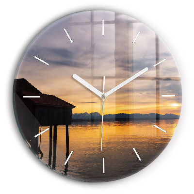 Wanduhr rund mit motiv Sonnenuntergang über einem See