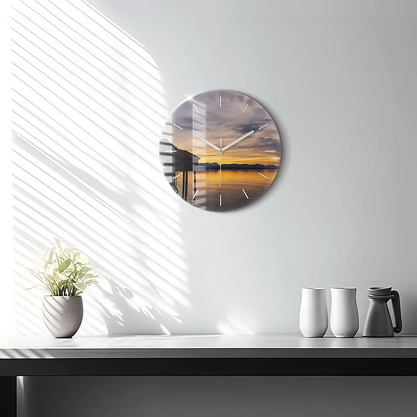 Wanduhr rund mit motiv Sonnenuntergang über einem See