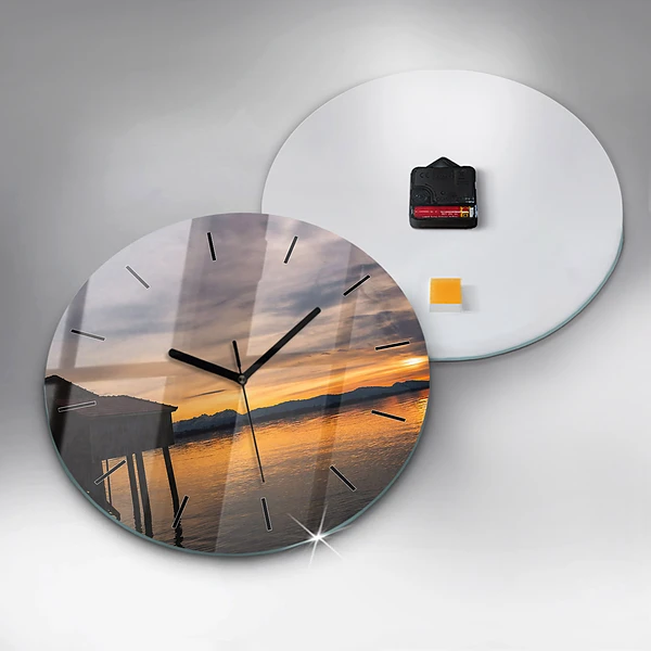 Wanduhr rund mit motiv Sonnenuntergang über einem See