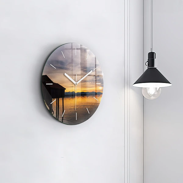 Wanduhr rund mit motiv Sonnenuntergang über einem See