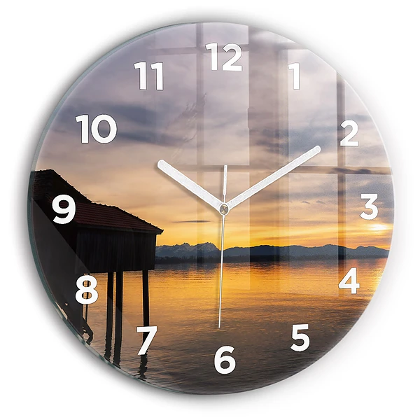 Wanduhr rund mit motiv Sonnenuntergang über einem See