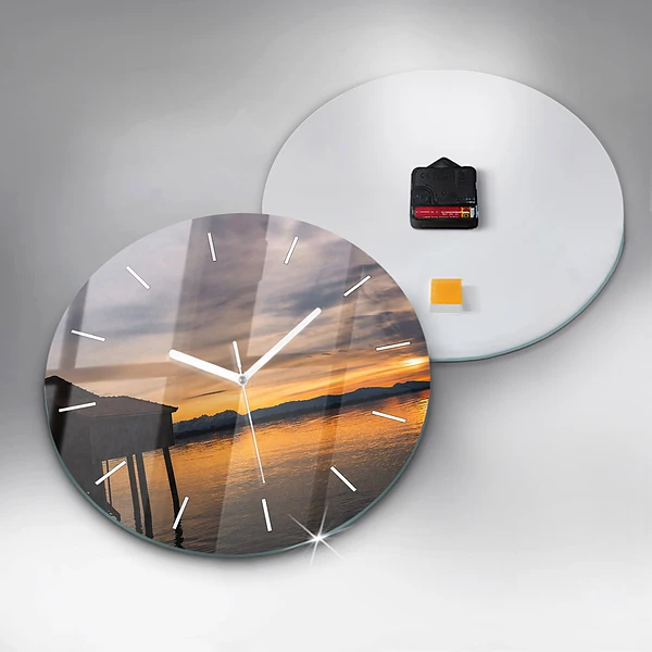 Wanduhr rund mit motiv Sonnenuntergang über einem See