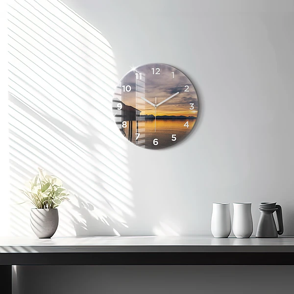 Wanduhr rund mit motiv Sonnenuntergang über einem See