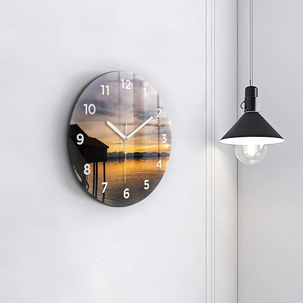 Wanduhr rund mit motiv Sonnenuntergang über einem See