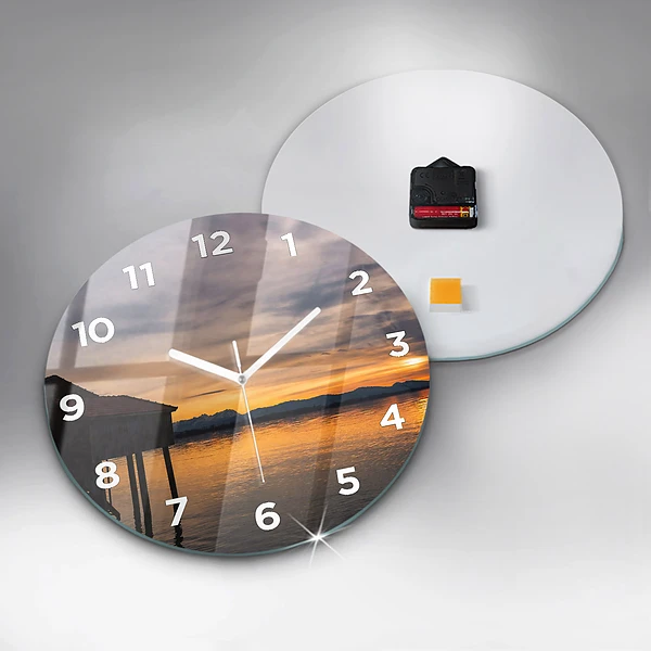 Wanduhr rund mit motiv Sonnenuntergang über einem See