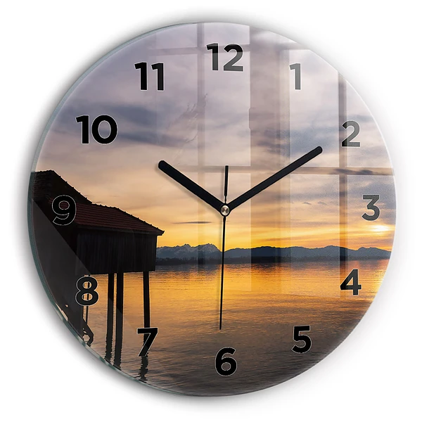 Wanduhr rund mit motiv Sonnenuntergang über einem See