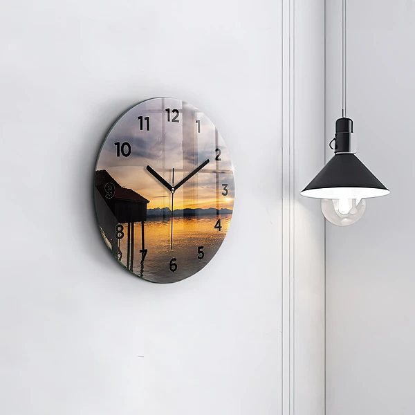Wanduhr rund mit motiv Sonnenuntergang über einem See