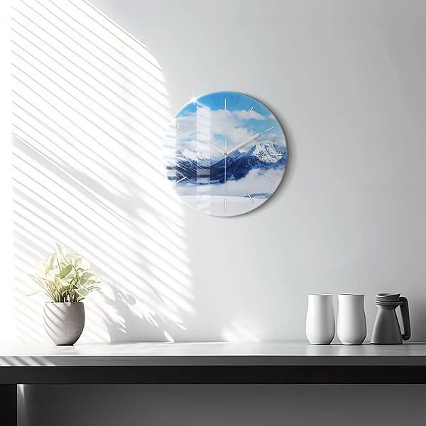 Wanduhr glas rund Panorama der Berge