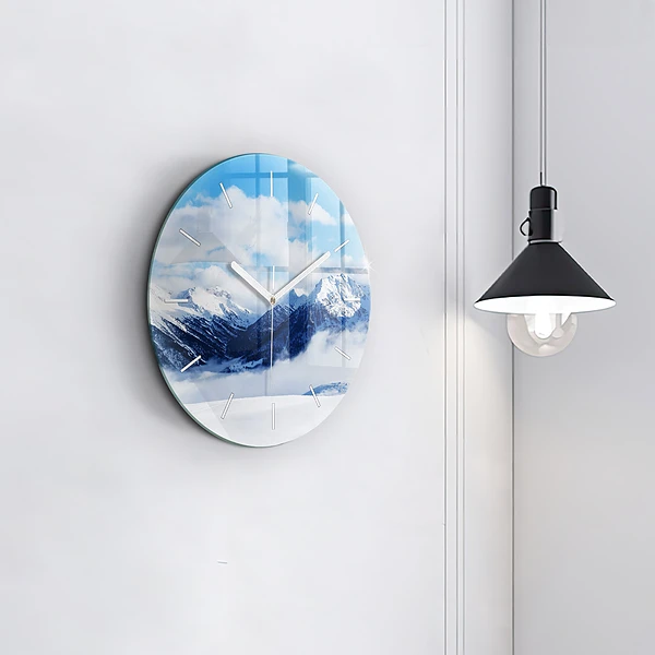 Wanduhr glas rund Panorama der Berge