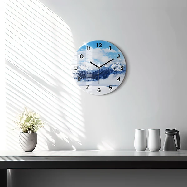 Wanduhr glas rund Panorama der Berge