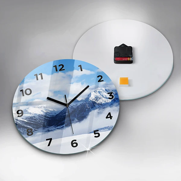 Wanduhr glas rund Panorama der Berge