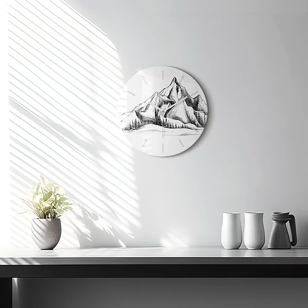 Wanduhr glas rund Gezeichnete Berge